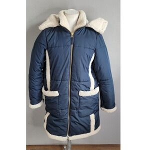 J.Crew Snowday Signature Puffer Jacket Medium Navy Sherpa Trim PrimaLoft